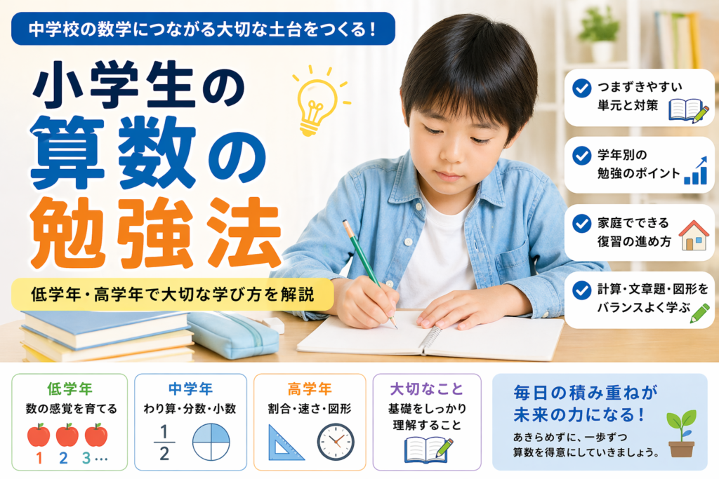 小学生が算数の勉強に取り組み、低学年から高学年までの学び方を確認するイメージ