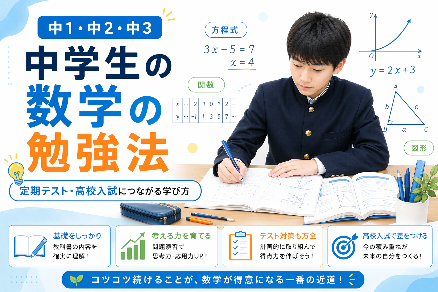 中学生が数学の勉強に取り組み、定期テストや高校入試に向けて学習するイメージ