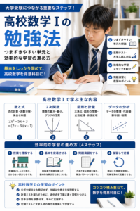 高校生が数学Ⅰの数と式・二次関数・図形と計量・データの分析を学習するイメージ