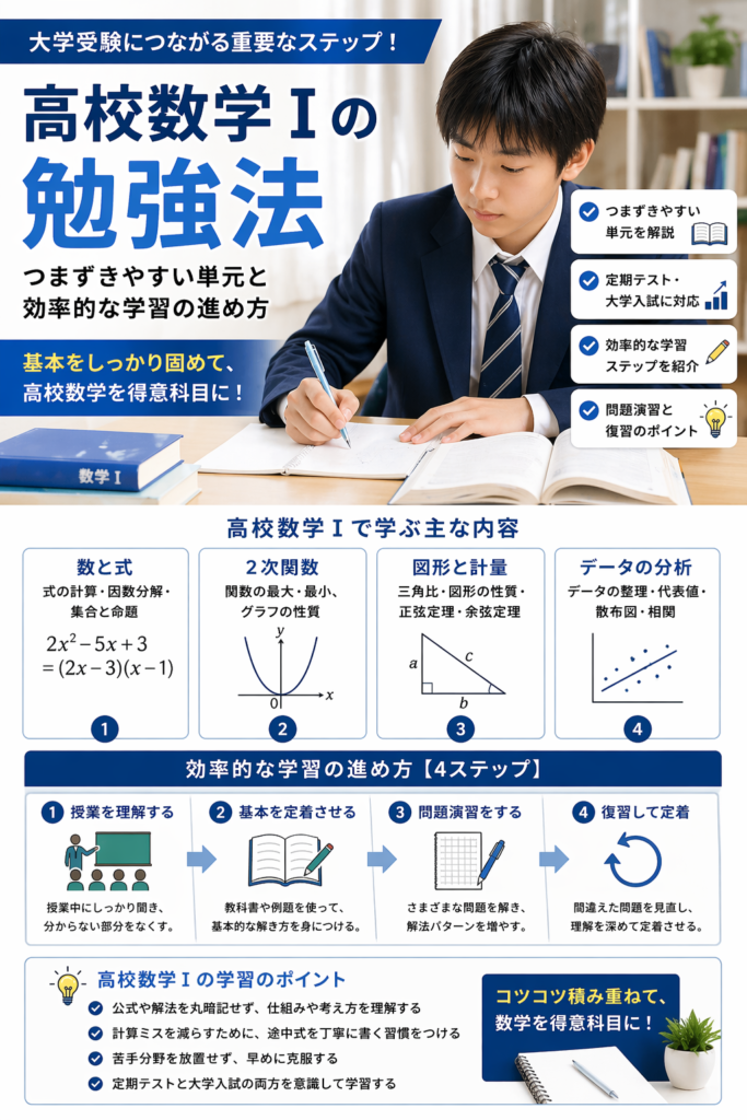 高校生が数学Ⅰの数と式・二次関数・図形と計量・データの分析を学習するイメージ