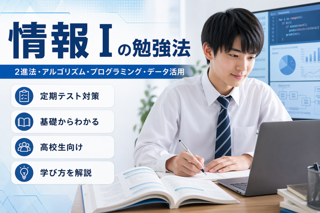 高校生が情報Ⅰの2進法・アルゴリズム・プログラミングを学習するイメージ