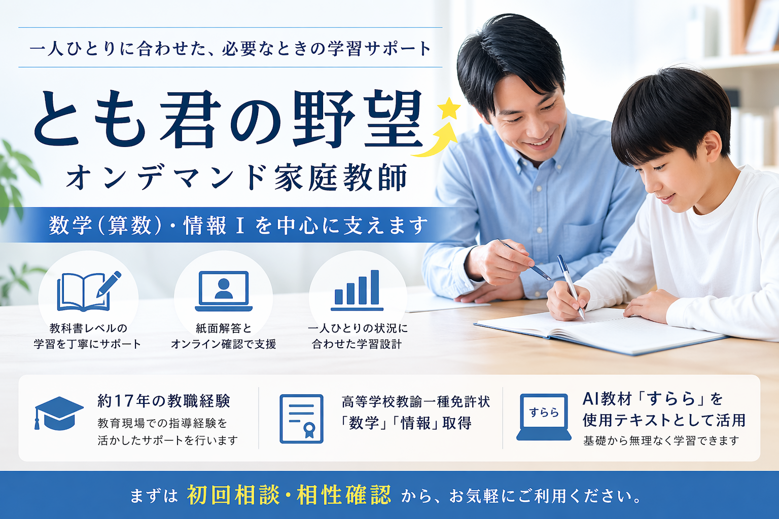 数学（算数）・情報Ⅰを中心に支えるとも君の野望オンデマンド家庭教師の案内画像